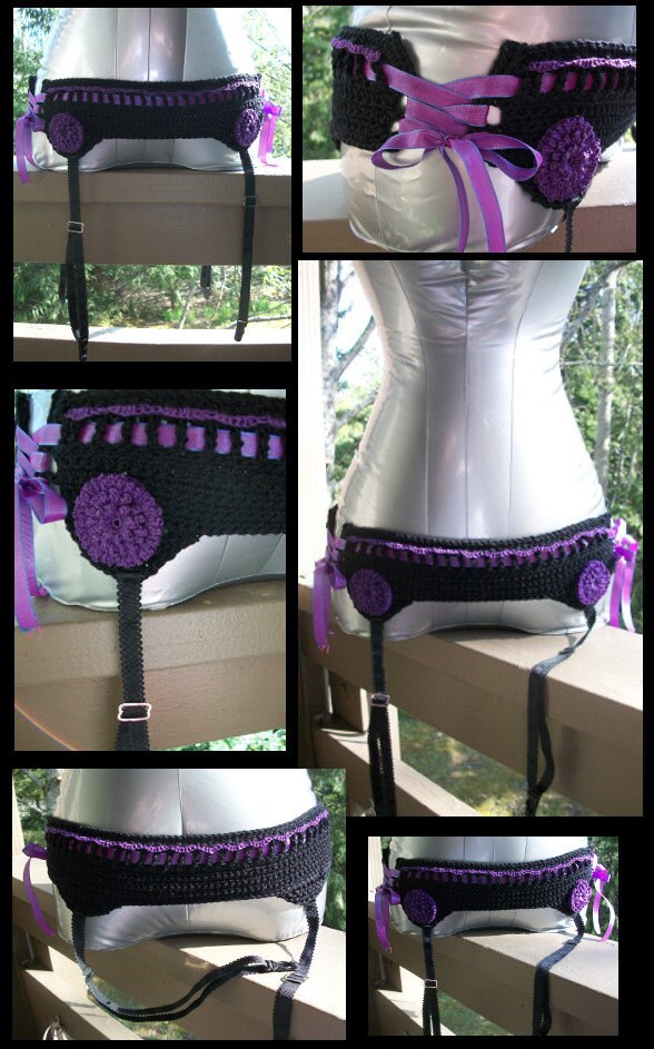 Crocheted Black and Purple Garter Belt Size by ZomBambieCrochet