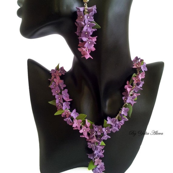 Lilacs flowers necklace and earrings Purple lilac by Amfetrita