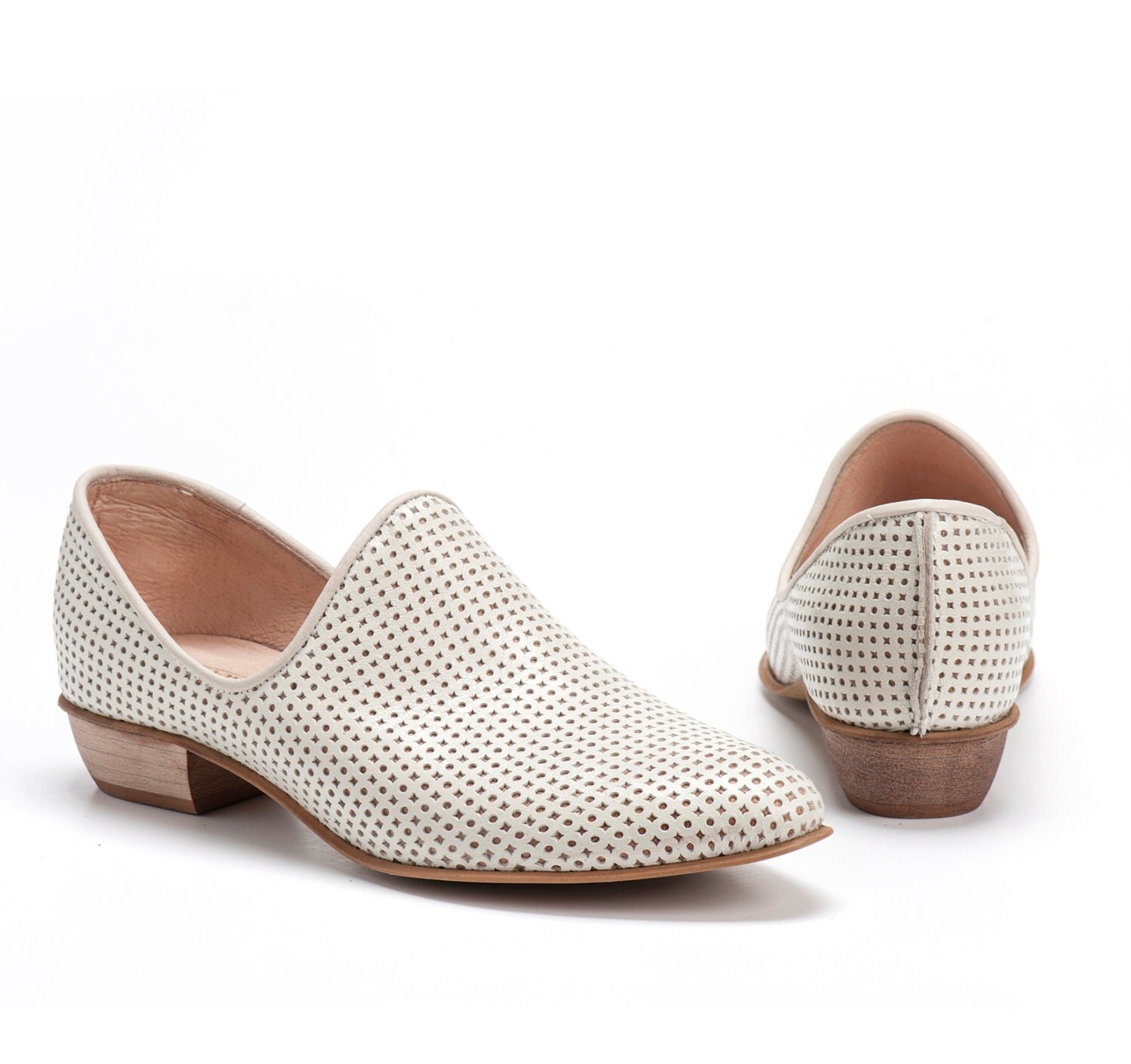 Cream Flat Leather Shoes / White Women Shoes / Every Day Shoes
