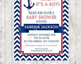 Nautical Chevron Baby Shower Invitation - Printed Nautical Baby Shower Invitation by Dancing Frog Invitations