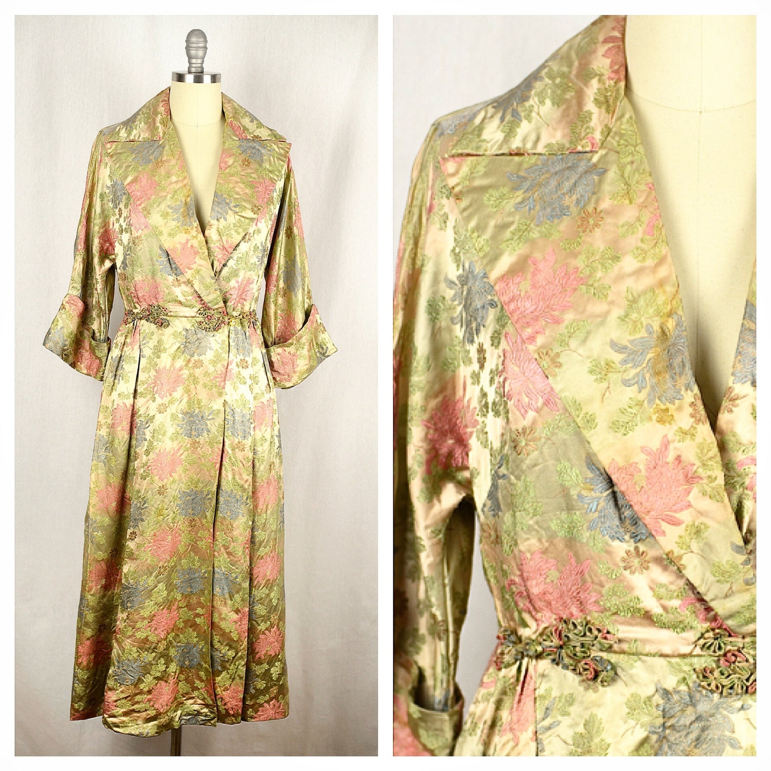 Vintage 1930s Robe / 30s Satin Brocade Dressing Gown / Small