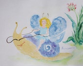 Picture for girls Fairy Snail girls room Watercolor painting in one copy 11h7 "/ 29h19 cm