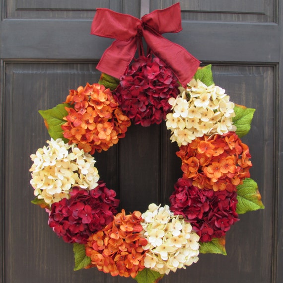 Orange Cream amp; Red Hydrangea Wreath, Front Door Wreath for Sale, Front 