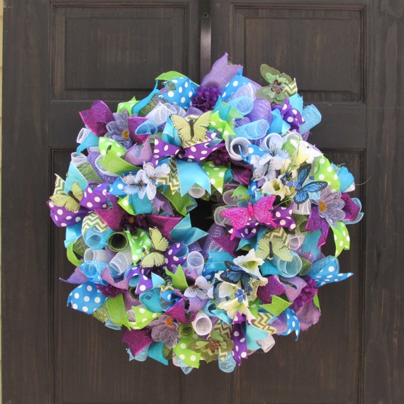 Butterfly Wreath, Summer Deco Mesh Wreath with Flowers, Blue Green ...