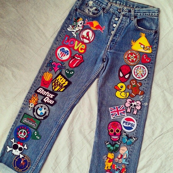 Patched Denim / Reworked Vintage Jeans with Patches / Patched