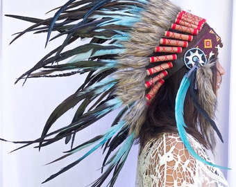 Artisan Feather Headdress - Costume Headpiece Inspired by Native American Headdress aka Indian Headdress - Turquoise Rooster