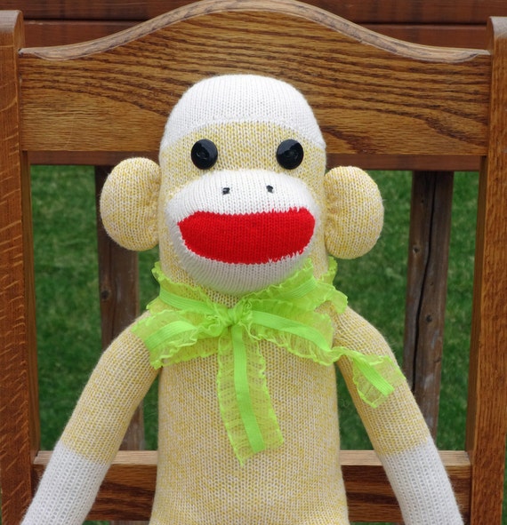 Sock Monkey Yellow Sock Monkey Doll Handmade with Rockford