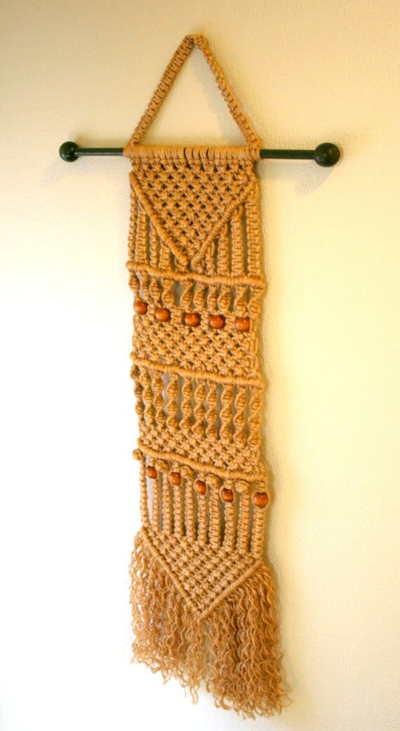 REDUCED Jute Macrame Wall Hanging with Beads and Green Wood