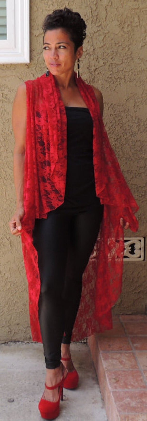 Red Lace Long Flowy Vest poncho dress