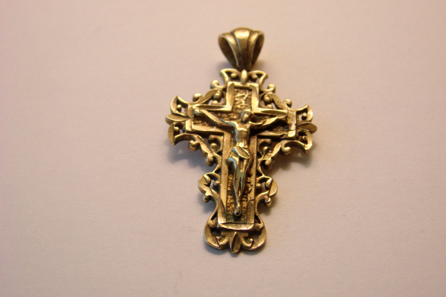 Ornate Vintage Gold Cross Pendant / Marked 14K / by