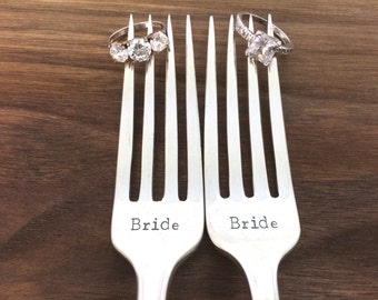 Lesbian wedding gift, hand stamped forks, gay wedding forks, bride bride forks, same sex wedding gift