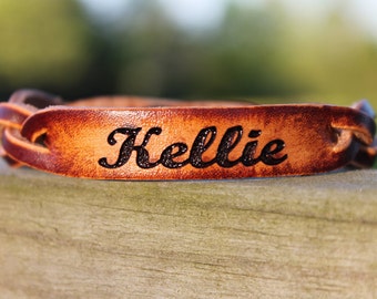 CUSTOM LEATHER Bracelet , Valentine Gift, Braided Leather Bracelet, bold script font as shown- Free Engraving - Say what you Want!