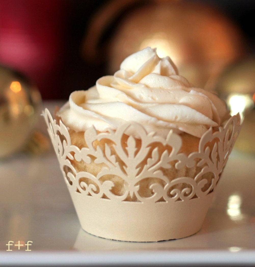 Cupcake Wrappers 12 Ivory Lace Damask Cupcake by FizzAndFete