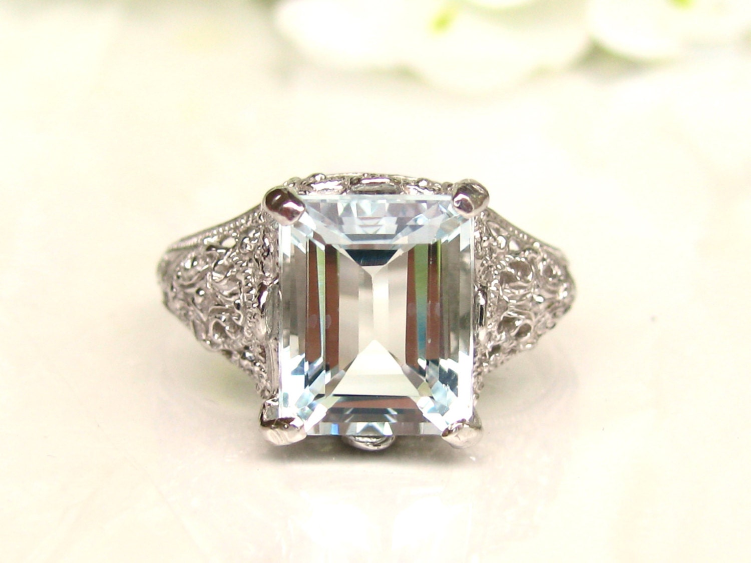 Vintage Aquamarine Engagement Ring 3.79ct Emerald Cut