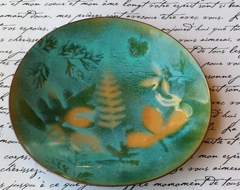 ARTISAN ENAMELED COPPER Dish~Botanic Garden Enamelware~Ferns Leaves~Ring Dish Trinket Dish~Blue Green Orange~Vtg Home Decor~JewelsandMetals.