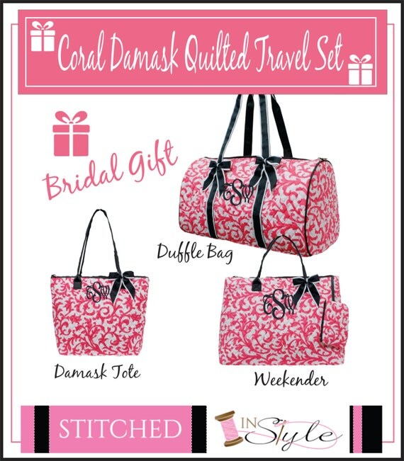 Quilted Coral Damask Set Travel Bags Bridal Gift