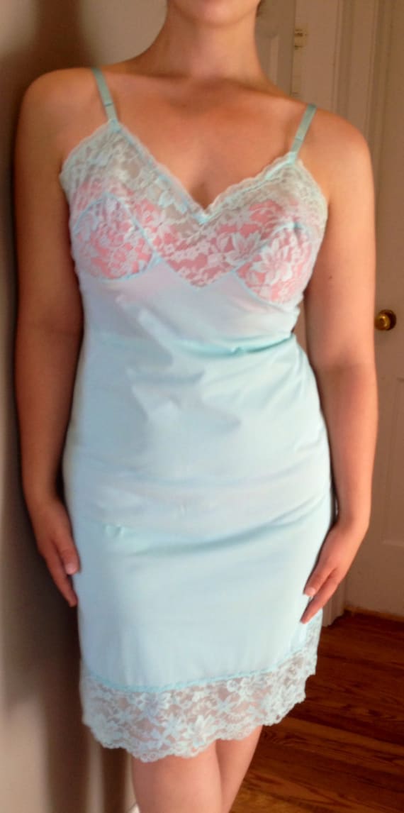 Sky Blue Dress Slip Vintage Slip Blue on Blue Slip Lace Nylon