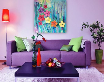 Abstract Flowers mixed media original abstract painting on canvas, 20 x 20 in 50 x 50 cm, floral art, big wall picture, textured painting
