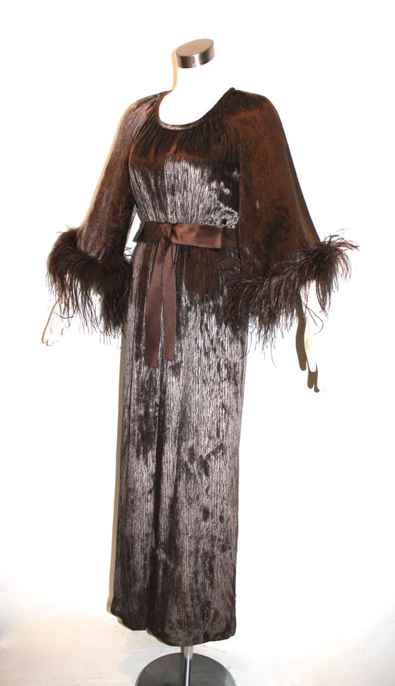 CHRISTIAN DIOR BOUTIQUE Vintage Dress Brown Velvet Feather