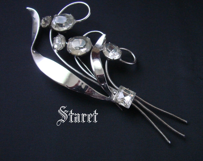Rare Silver STARET Rhinestone Floral Brooch / Signed / Very Large / Vintage Retro / 40s / Jewelry / Jewellery