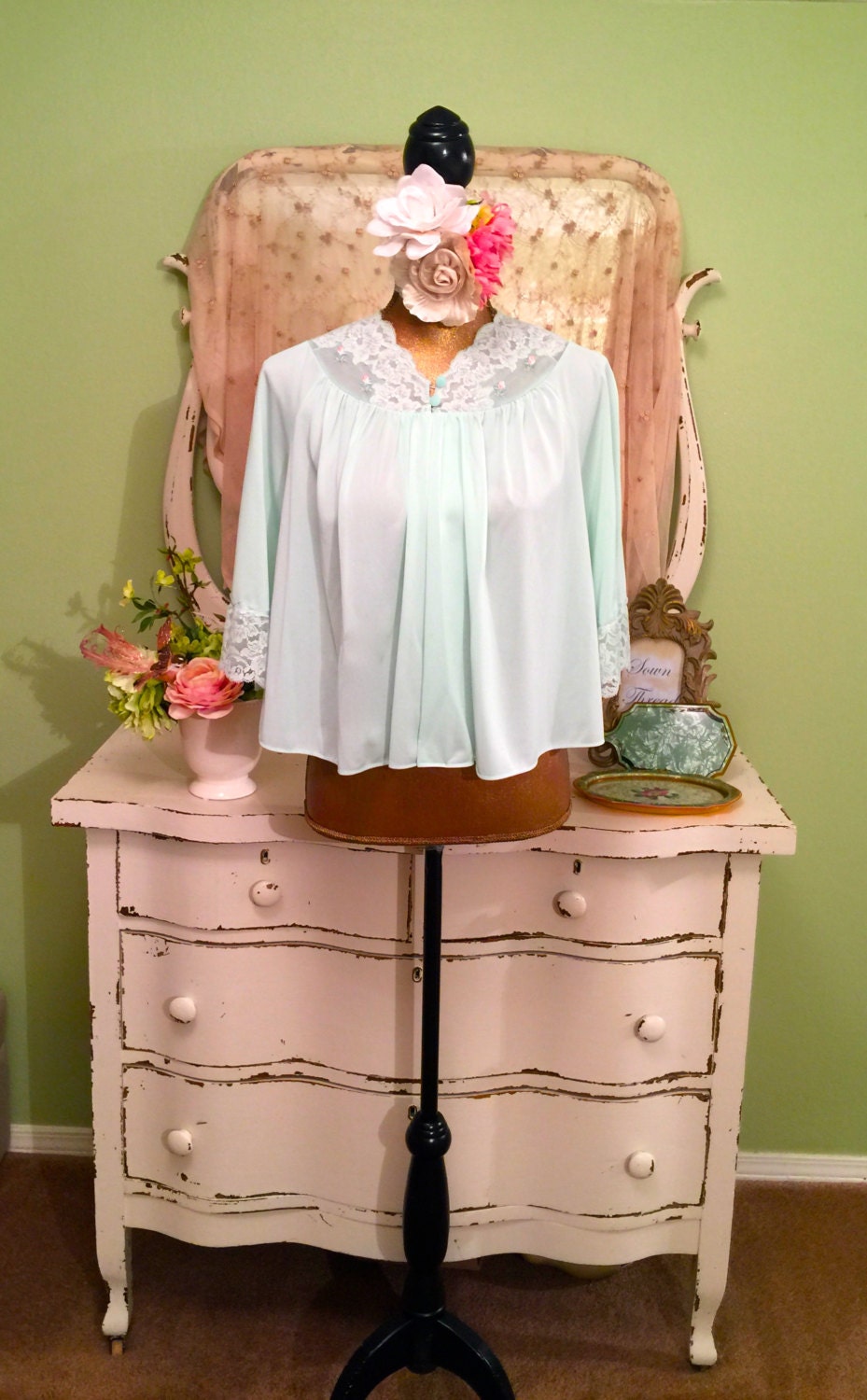 Vintage 50s Bed Coat Lace Bed Jacket 1950s Green Robe