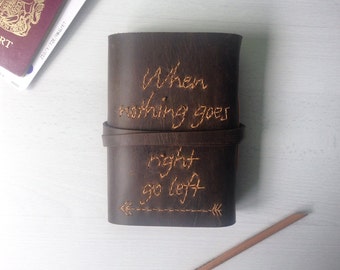 Personalised journal, leather notebook, personalized leather journal, sketchbook, hand embroidered custom quote, a6 brown
