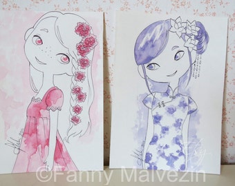 Aquarelle originale - Fille pivoine