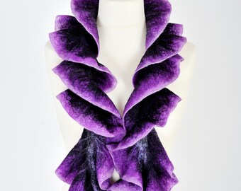 purple wool winter scarf | wavy nuno felted scarf | ruffle nuno scarf | Christmas gift | ombre wool scarf | evening scarf | boiled wool felt