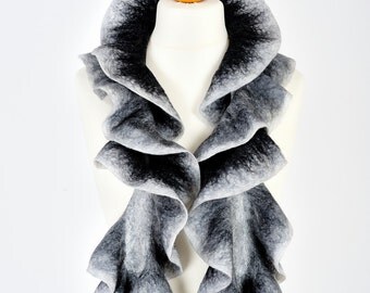 nuno felted scarf | merino wool scarf boa | Christmas gift for her | evening scarf | ruffle felt scarf ascot | birthday gift | black white