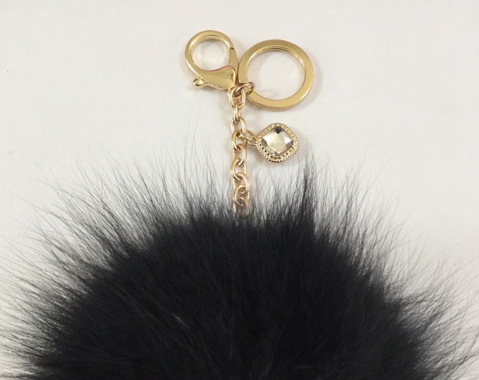 Black Fox Fur Pom Pom keychain ball luxury bag pendant with clear crystal charm