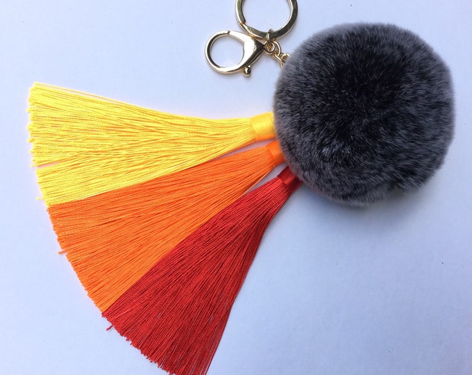 Yellow/Red Gradient Tassel Handbag Charm Fur Pom Pom ball keychain