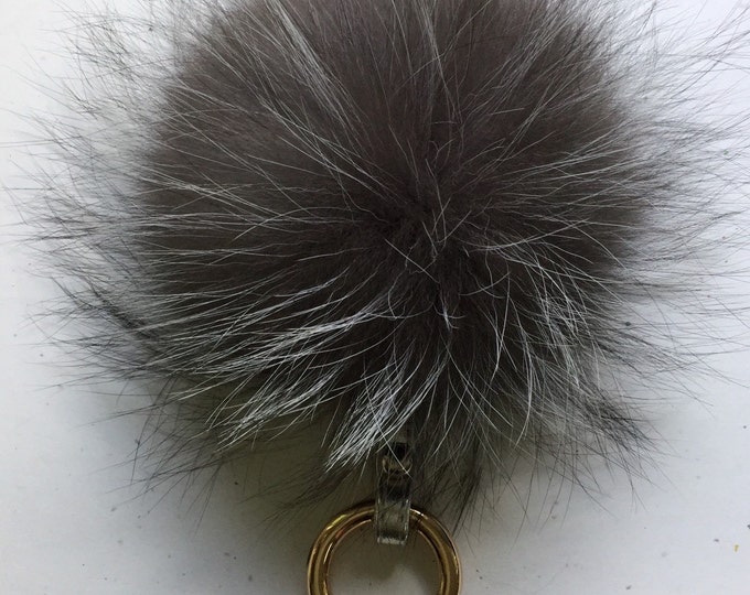 Silver Fox Fur Pom Pom luxury bag pendant with leather strap metal buckle key ring chain bag charm