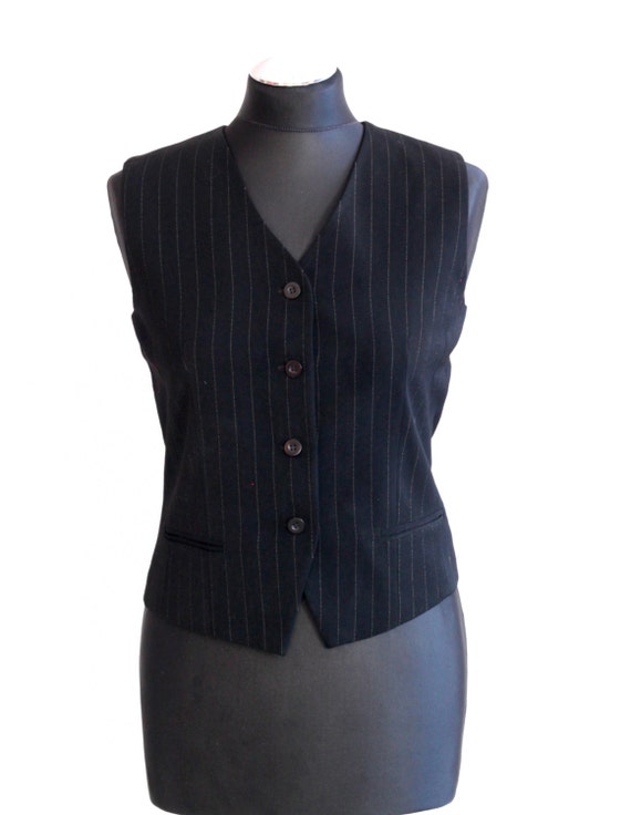 Womens Black Vest Striped Fitted Romantic Formal Waistcoat