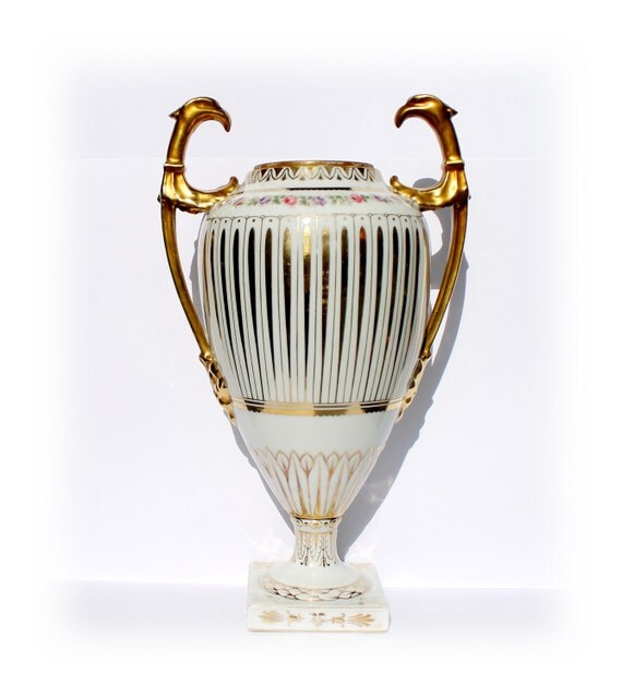 Large Antique LIMOGES Vase "Muscle" Vase Old Roses Gold Handles Griffin