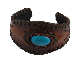 Leather Cuff Bracelet with Turquoise Stone. Brown Leather Cuff Bracelet, Men's Women's Leather Cuff Bracelet With and Stitched Edges