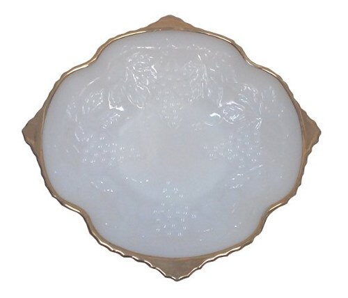 Footed Serving Dish in Milk Glass with Gold Trim, Grape Leaf Pattern ...