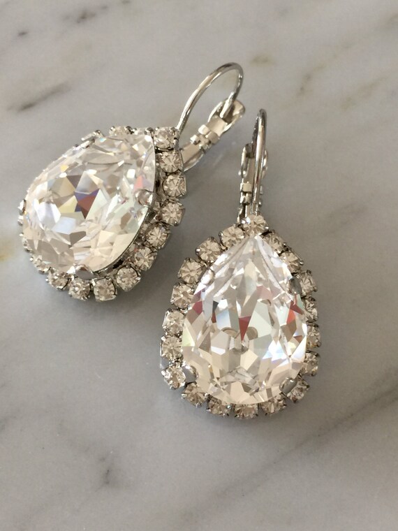 Large Pear Cut Swarovski Clear Crystal Bridal, Cocktail Earrings
