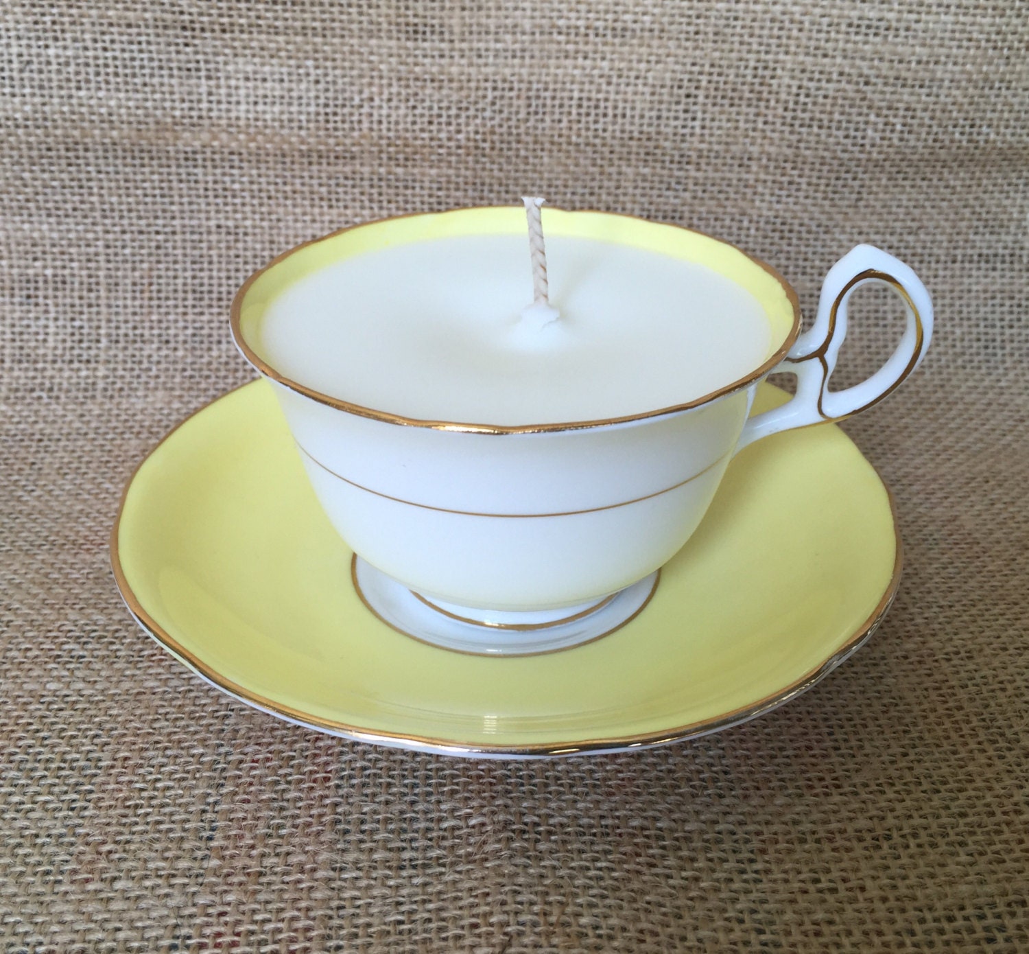 ON SALE Vintage Tea Cup Soy Candle Bright Sunny Yellow