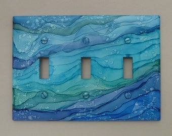 Blue Ocean Waves - Light Switch Covers, Painted with Alcohol Ink