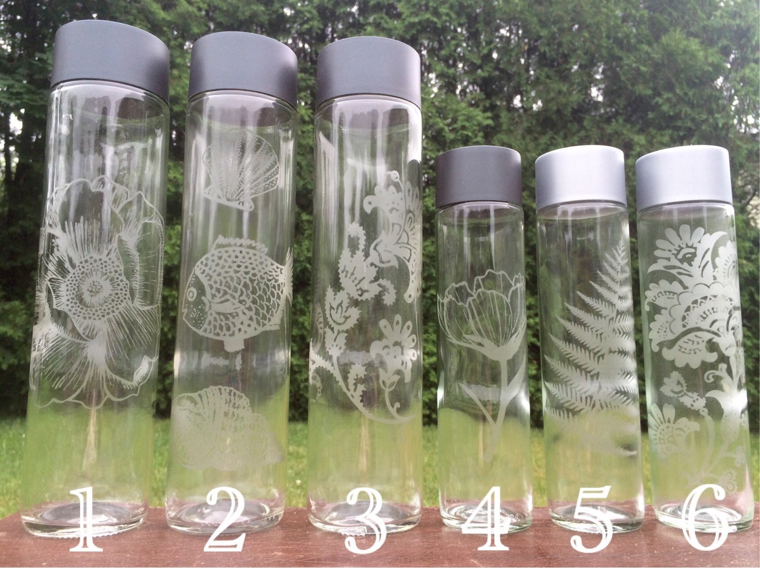 Etched Glass Up-Cycled Voss Water Bottle 12.8 oz & 27.1 oz