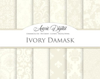 Ivory Damask Digital Paper. Scrapbooking Backgrounds. Wedding Ivory patterns for Commercial Use. Instant Download.