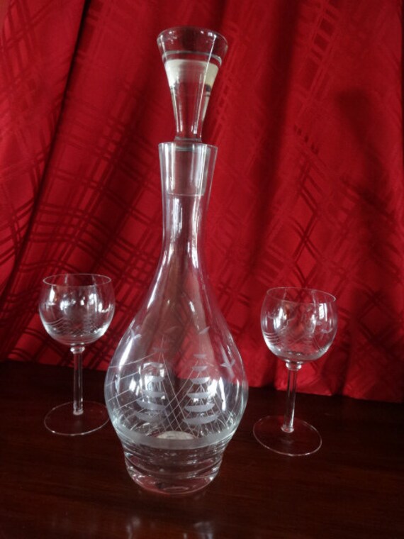 Krosno Polish Decanter & Glasses Wine Set Etched Sailing Ship