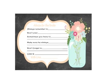 Advice For The Bride, Chalkboard Wedding Shower Game, Coral Bridal Shower, Wishes For Bride, Wedding Games, Advice Card INSTANT DOWNLOAD 267
