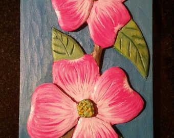 Painted Carved Wooden Dogwood Portrait 8x4