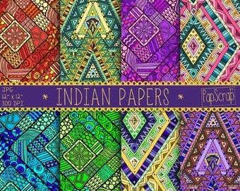 Indian digital paper : "Indian Papers" oriental digital papers in Indian style, colorful oriental patterns for scrapbooking, decoupage