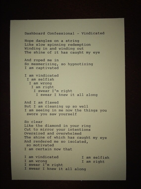 Dashboard Confessional Vindicated Lyrics by TypographyByMel