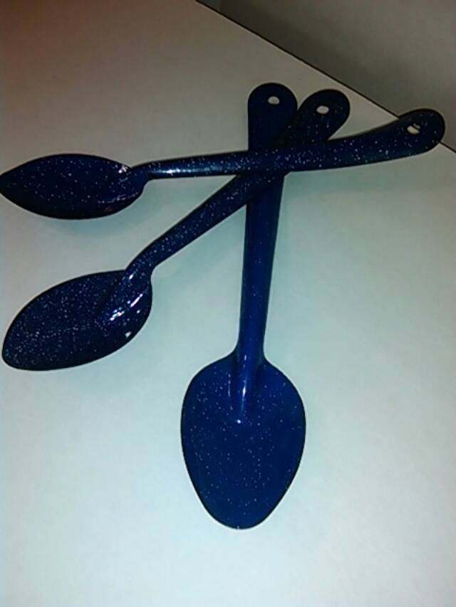 FREE SHIPPING! Vintage Blue Speckled Enamelware Spoon 3 Piece Set