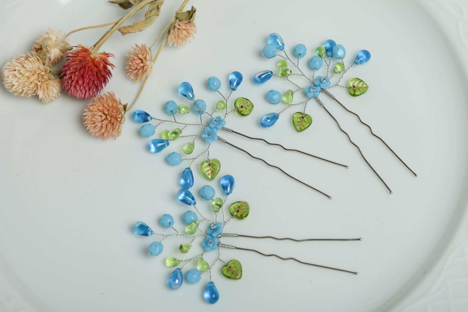 Blue crystal hair pins Blue wedding hair pins Blue floral hair