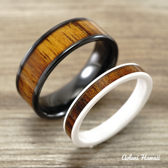 Wedding Ring Set - Black Ceramic Ring with Koa Wood Inlay (4mm  8 mm ...