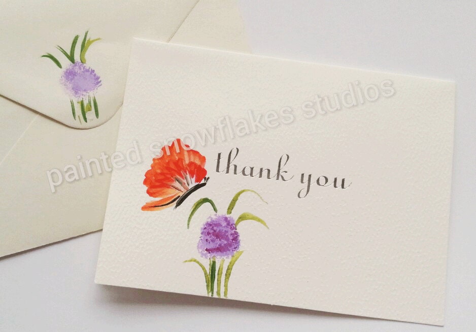 hand painted thank you note cards butterfly / flowers set of